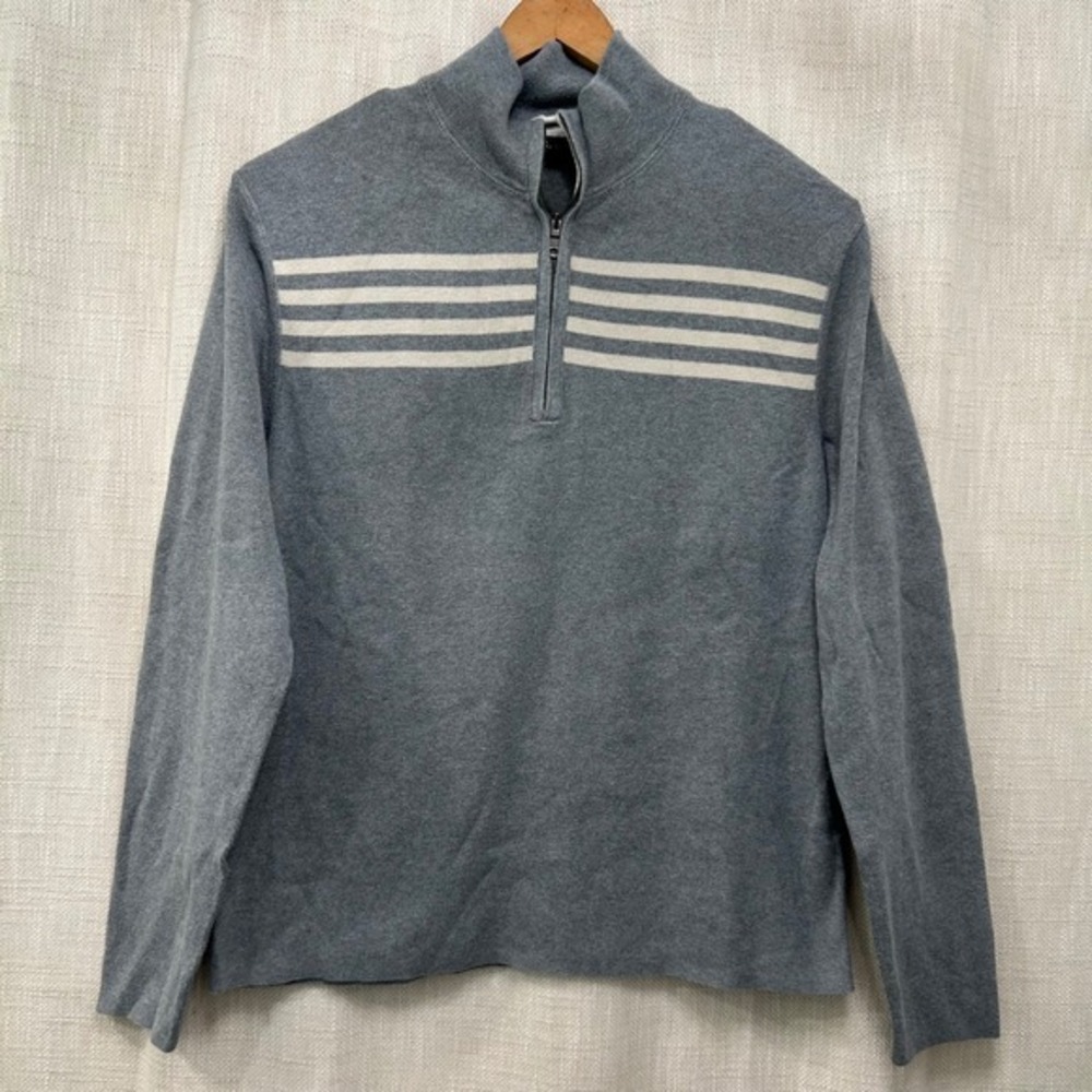 Banana Republic Mens L Sweater Gray‎  Cream Stripes 1/4 Zip Pullover Cotton Wool